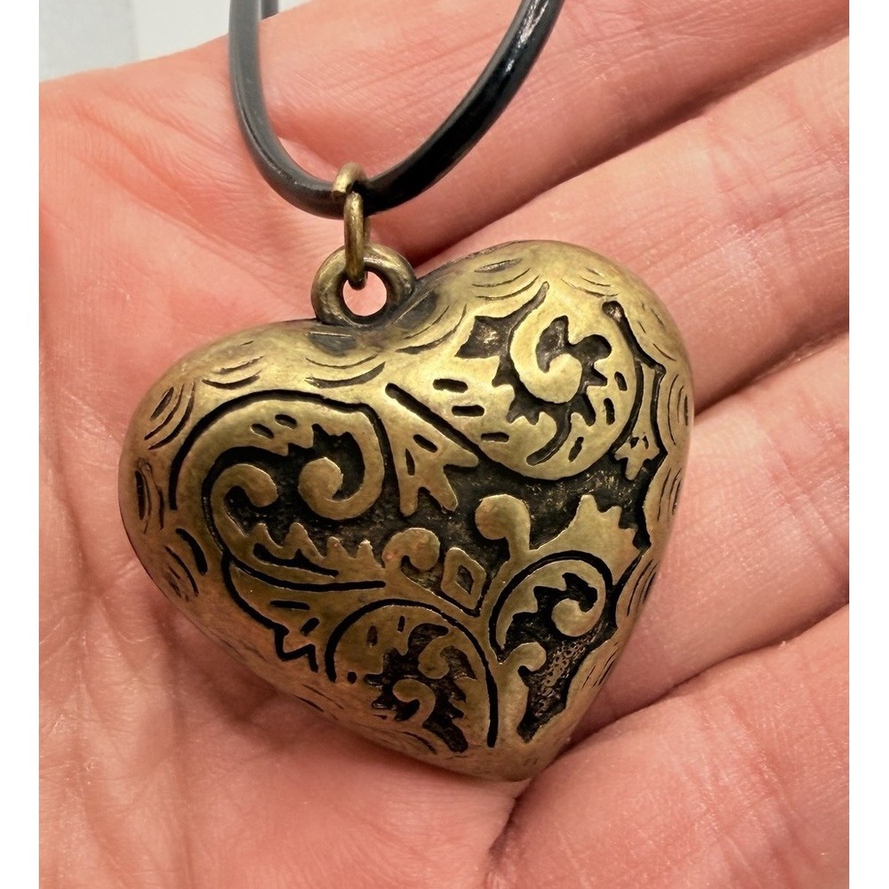Vintage Large Puffy Heart Pendant Necklace Intricate Floral Scroll